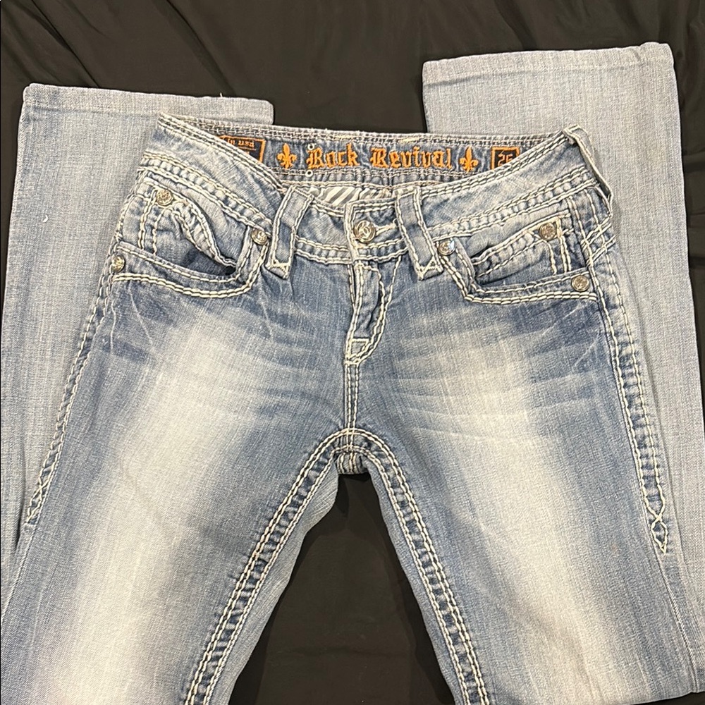 Rock Revival Blue Boot Cut Jeans with Distressed Look